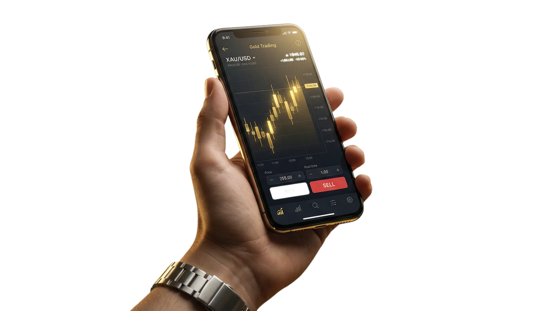 Hand holding a phone that shows a gold trading screen